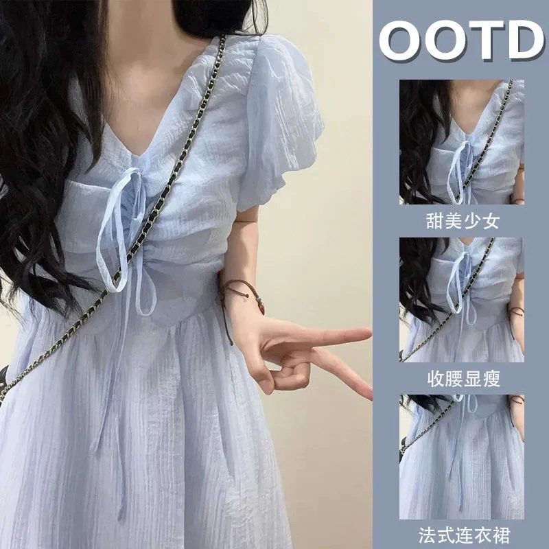 Художественное синее платье с V-образным вырезом и пышными рукавами во французском стиле для миниатюрных фигур, длинное платье для похудения с супер-сказочной талией.