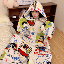 卡通小新法兰绒睡衣秋冬季新款连帽加绒连体服女可外穿长款家居服