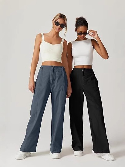 Pantalones anchos con cremallera frontal para mujer explosiva de Amazon transfronteriza, monos casuales de cintura alta, pantalones anchos con bolsillos de algodón