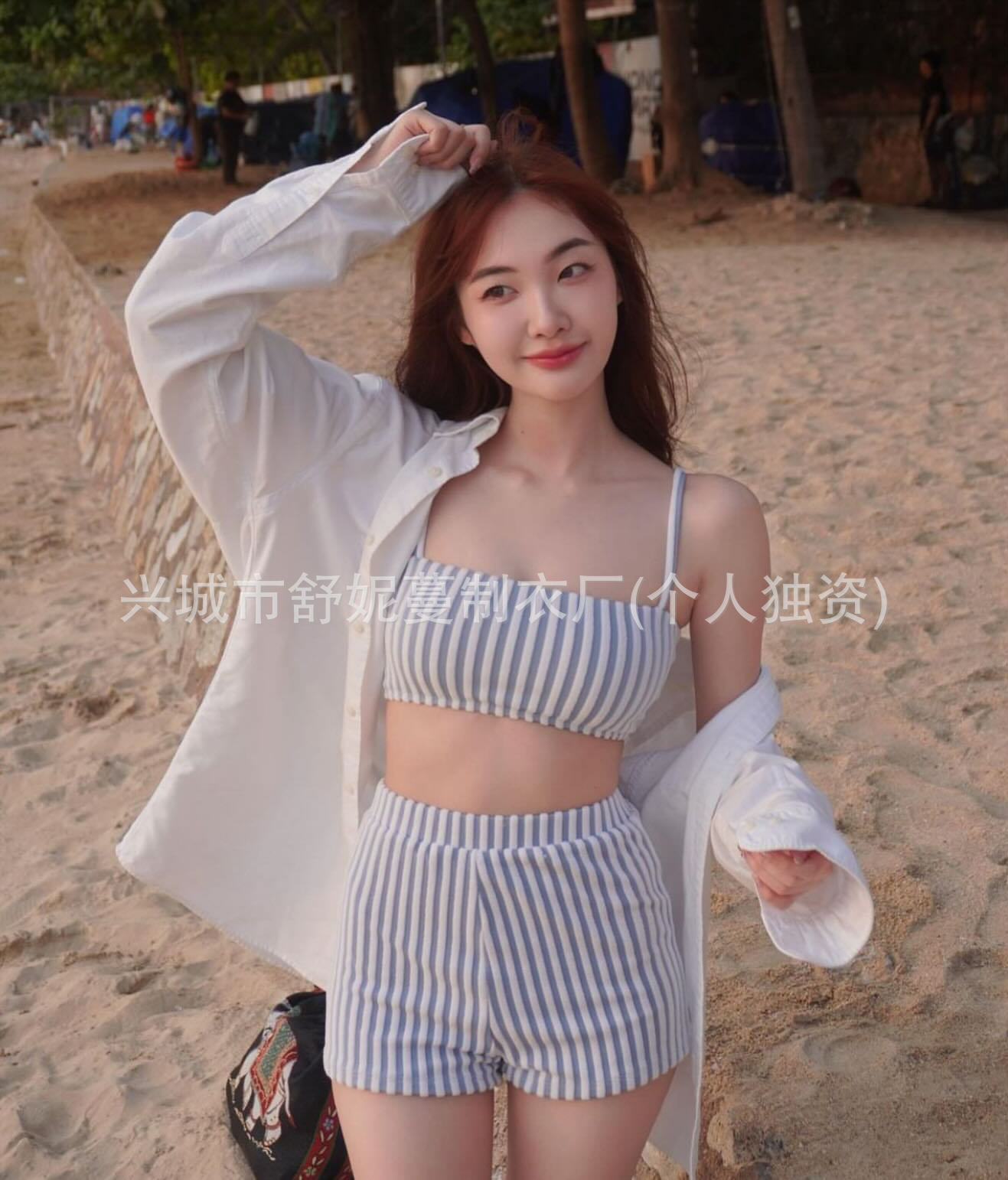 Traje de baño femenino de alta gama bikini dividido rayas puro deseo de cintura alta bóxer bañador de aguas termales traje de baño de mujer