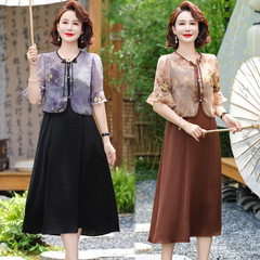 新しい中国式のお母さんの夏服のシフォンのワンピース2025新型の中高年の婦人服の夏の国風の2つのスカート