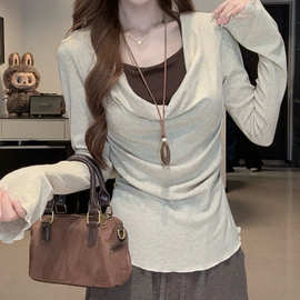荡领设计感假两件秋季新款美拉德色简约图片色其它肩带款常规波浪