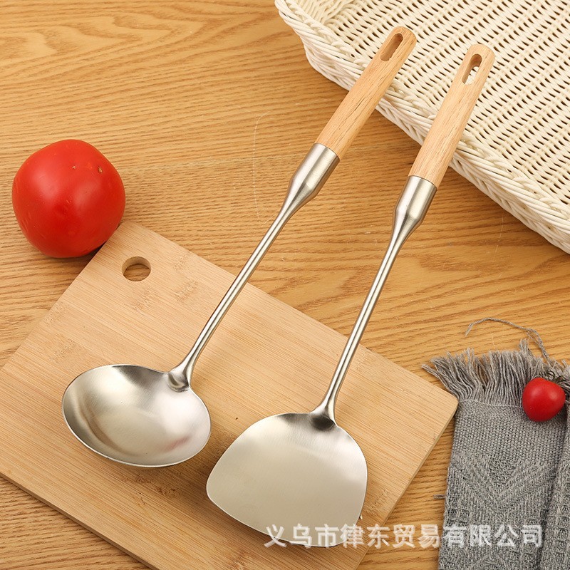批发无磁不锈钢8厘厚木柄锅铲 优质家用不锈钢烹饪勺铲烹饪铲