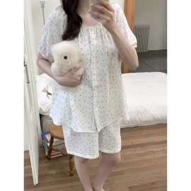 跨境专供外贸女士夏季韩系双层棉纱紫色小碎花圆领家居服睡衣套装