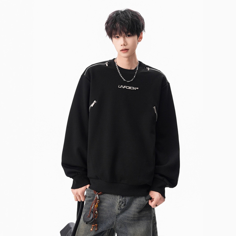 American-Style Heavy Metal Zipper Crewneck Sweatshirt for Men, Trendy New Autumn High Street Design, Loose and Stylish Top