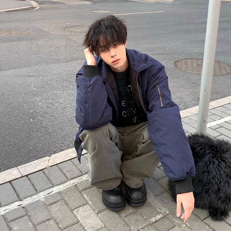 美式复古蓝色工装外套男潮牌欧美街头潮牌设计感棒球服飞行员夹克|undefined