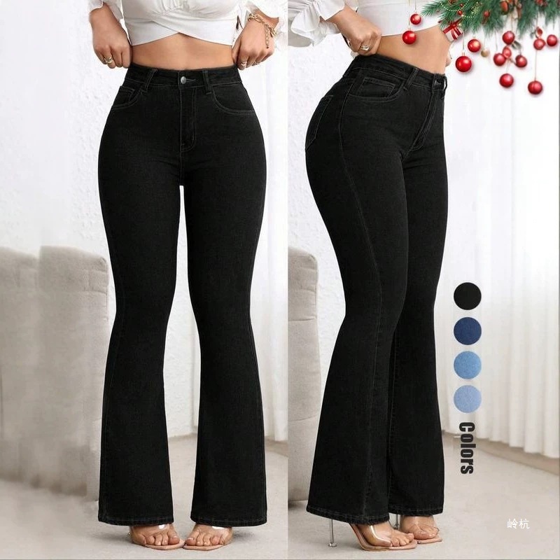 26 New Models of Cross-Border Aliexpress European and American Style Women's Jeans, Elastic Slim Fit, Butt-Lifting, High-Waisted, Slightly Flared Pants, Wholesale, Black