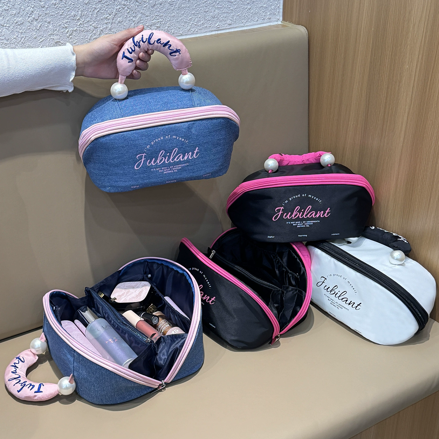 Handheld brand cosmetic bag, capacious storage system for traveling