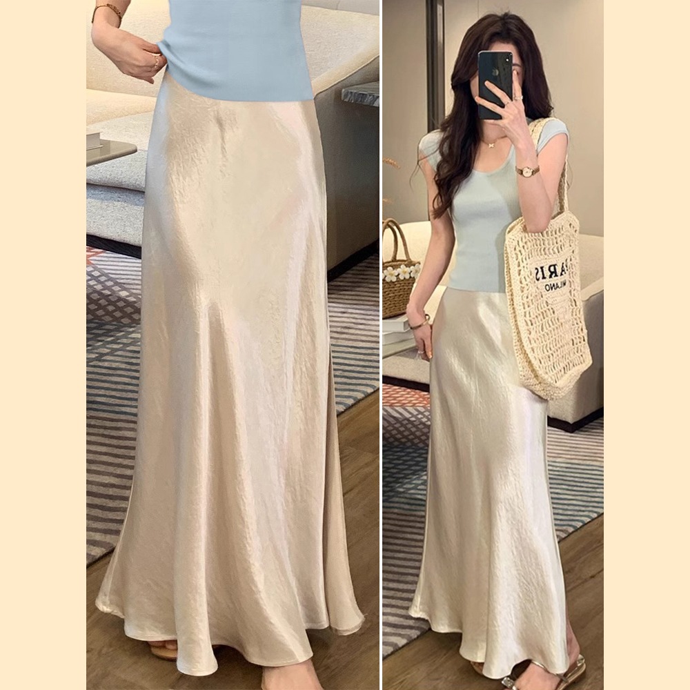 Satin Acetate Skirt Draped Fishtail Skirt 2025 New Summer Hip-Hugging Skirt Long Skirt Thin