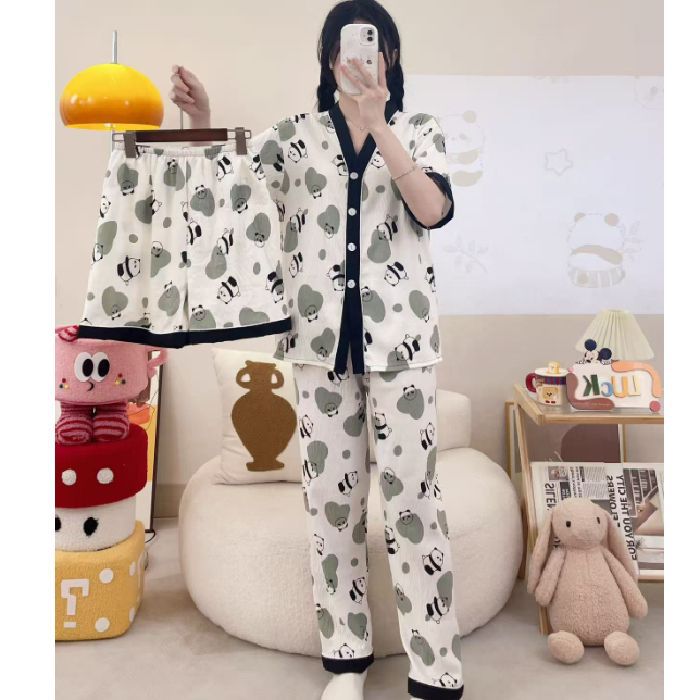 Pijamas de algodón de nube de amor dulce a cuadros de dopamina para mujer verano nuevo estilo pantalones de manga corta ropa a domicilio traje de tres piezas