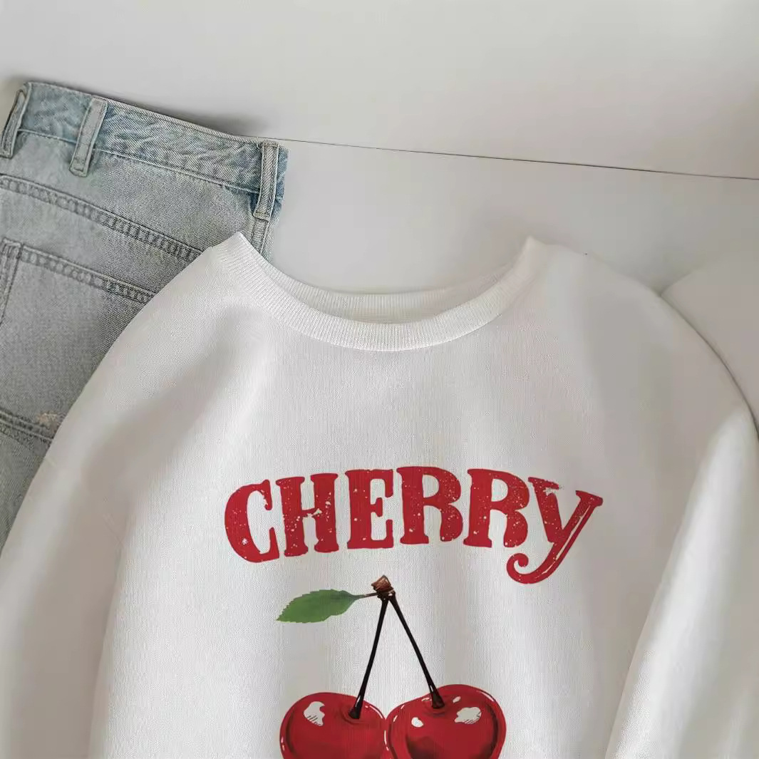 Hoodie Tops Type Daily Occasion Round Neck Neckline Hoodies & Sweatshirts Long Sleeve Printing Streetwear Cherry
