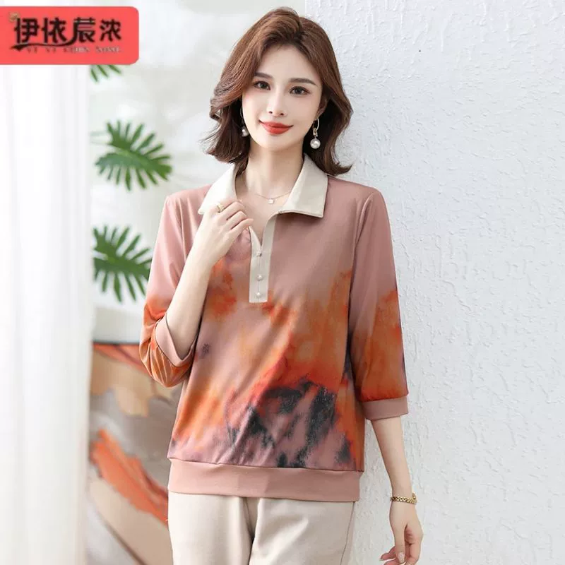 Весенняя новая рубашка с лацканами для матери, пуловер с длинными рукавами, 50-летняя теща, чернильная рубашка с длинными рукавами для печати и окрашивания