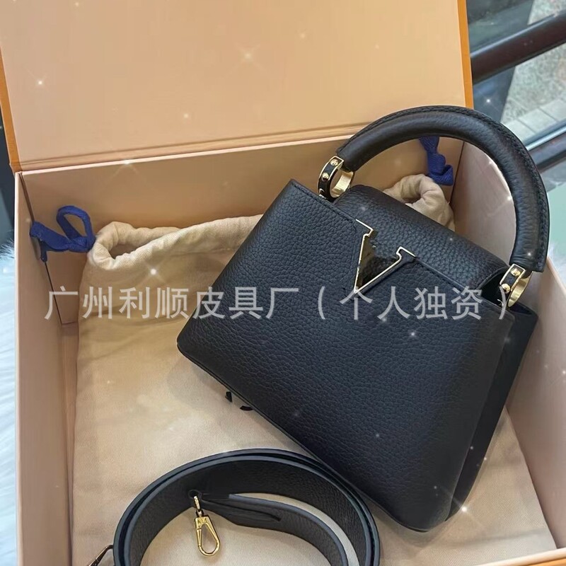 Foreign Trade Guangzhou High-Quality Capucinesbb Genuine Leather Handbag for Women with Pebbled Pattern, Versatile for Shoulder and Crossbody Wear