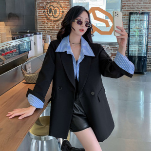 Autumn New plus size fake two-piece suit jacket for women chubby girl Korean style loose casual fried street suit 23103