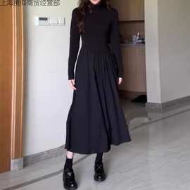 赫本风高级感黑色长袖连衣裙子春季2024新款女装法式长裙小个子携