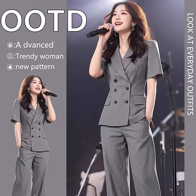 Summer New Professional Suit Suit, Elegant and High-End Short-Sleeved Suit Jacket, Straight Trousers Two-Piece Set for Women