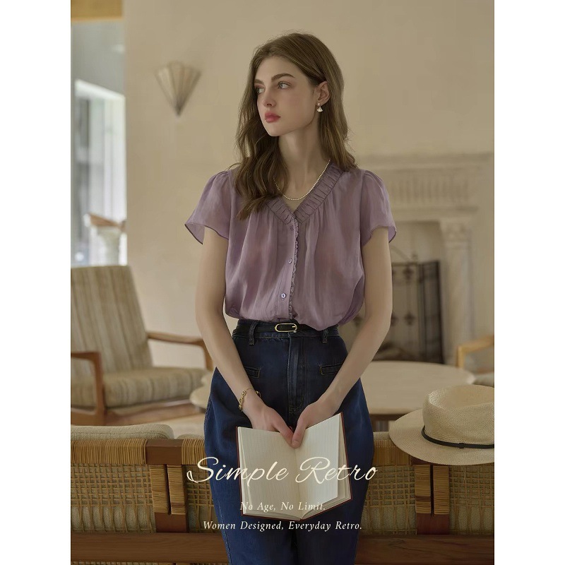 SimpleRetro Taro Ramie V-neck Custom-dyed Purple Lazy French Shirt Retro Short-sleeved Sun Protection Shirt