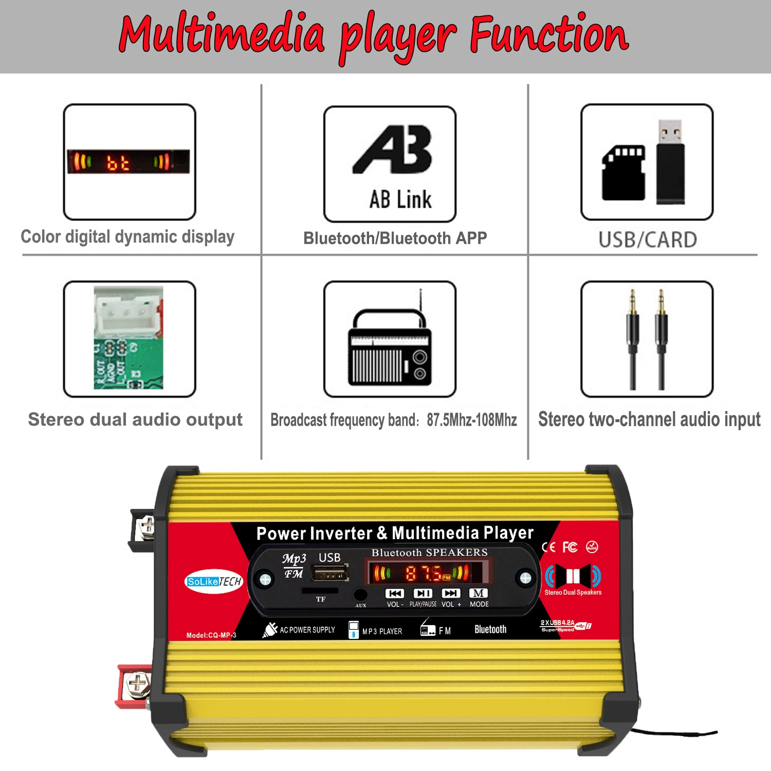 Видеоплеер мультимедиа инвертор с Bluetooth MP3/FM функцией 12V до 110V/220V инвертор