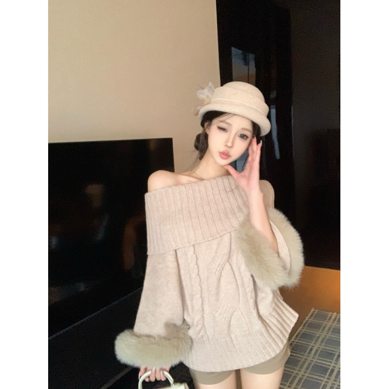 昕可达【京洛佳人】袖口狐狸毛高领羊毛混纺麻花针织上衣毛衣女|undefined