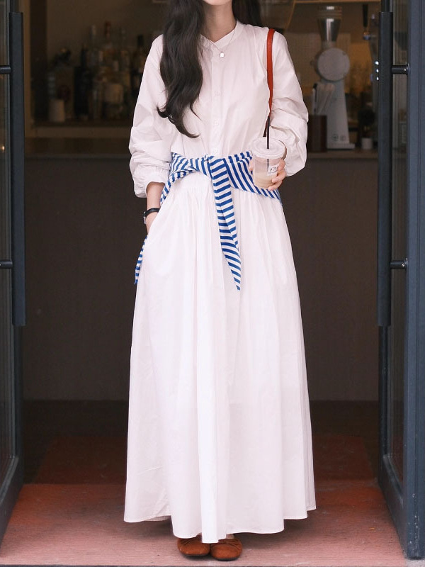 法式白色长袖衬衫连衣裙子女2025新款早秋气质高级感宽松显瘦长裙|undefined