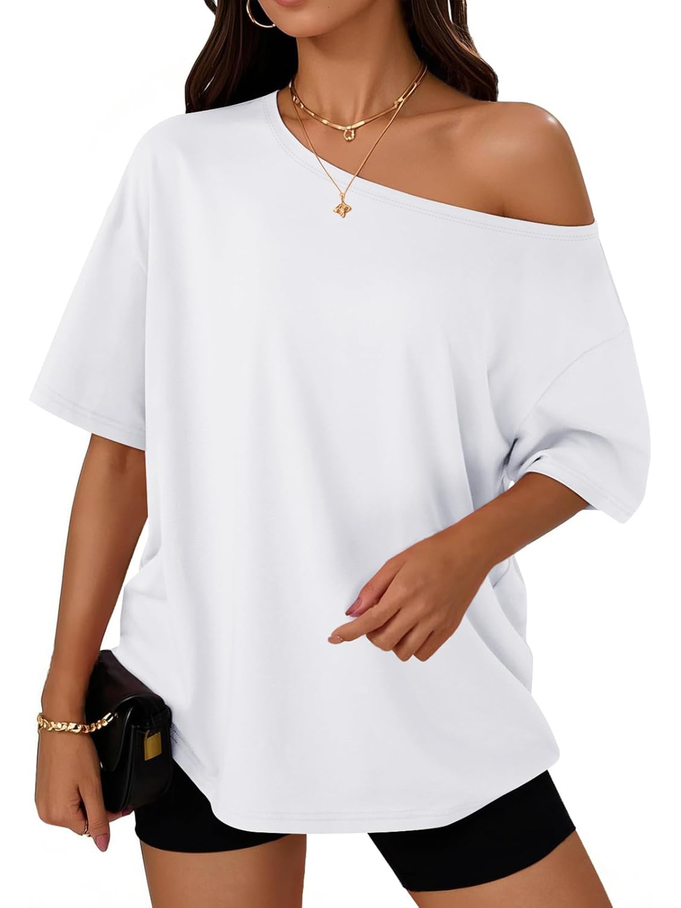 Women's Clothing Women's Y2K Loose Off-Shoulder Top Design Fashion T-Shirt For Formal & Casual For Women Solid Color_ecoleips.com