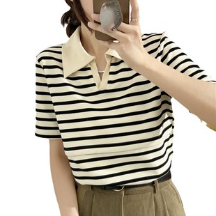 Maternity Confinement Clothes New Summer Short-Sleeved Loose Nursing Clothes T-Shirt Summer Lapel Short-Sleeved Nursing Stripess 2313