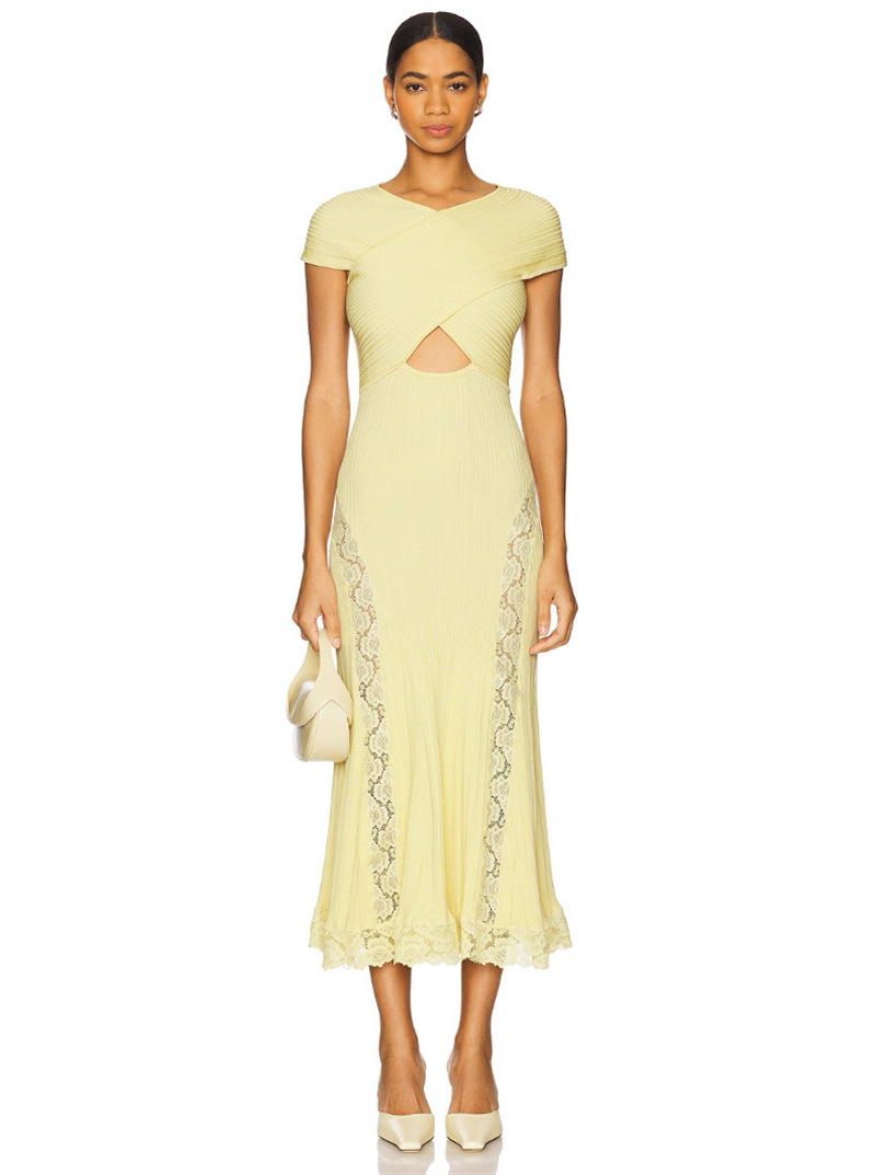 26 Spring/Summer Designer Trendy Brand Goddess Elegant Sexy Chic Sleeveless Lace Patchwork Knitted Midi Dress