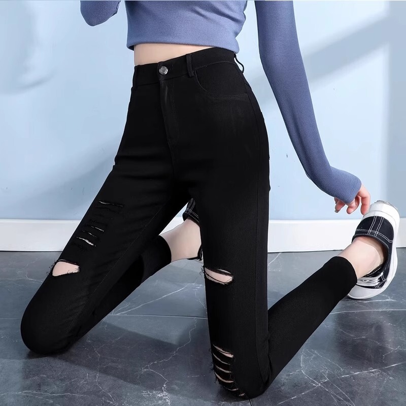 Imitation Denim Ripped Black Pants for Women, Summer Thin High-Waisted Tight-Fitting Petite Cropped Magic Pencil Skinny Pants