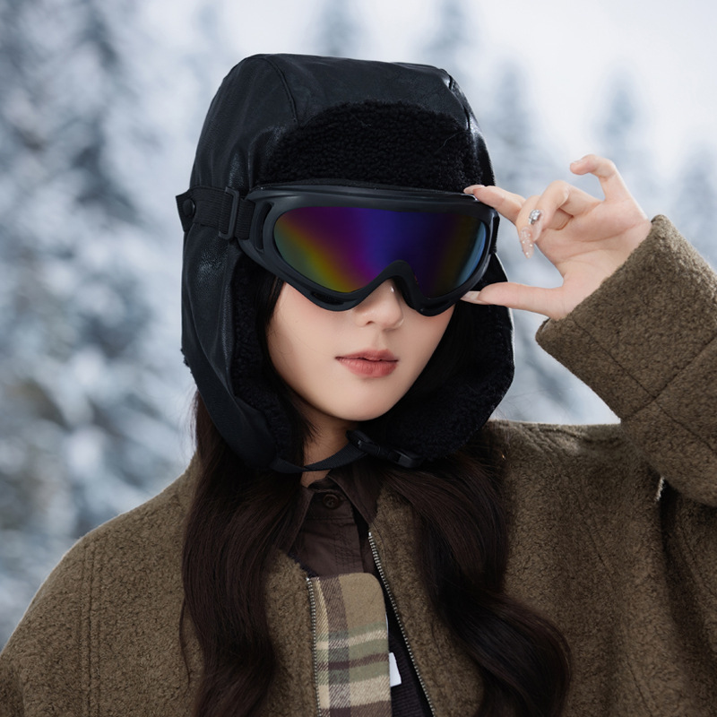 户外登山滑雪PU皮飞行员帽可拆卸护目镜套装冬季新款防风保暖帽潮|undefined