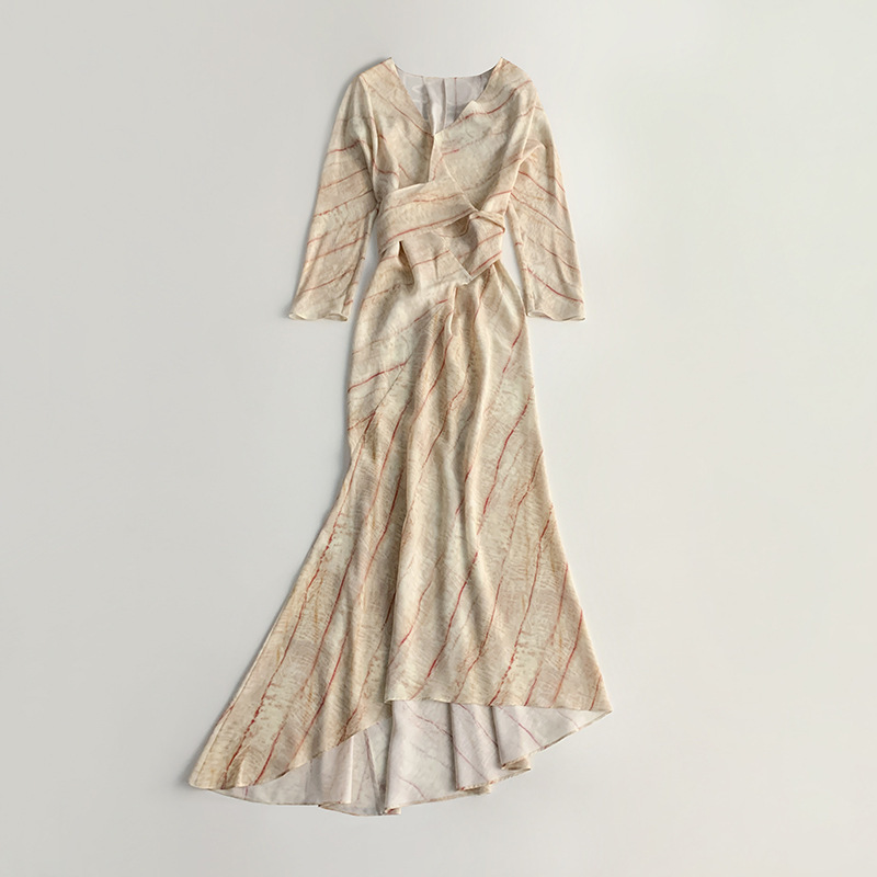 Mediterranean Niche V-Neck Wrap Waisted Silk Fishtail Dress Long-Sleeved Shoulder Tall Slim-Fit Dress