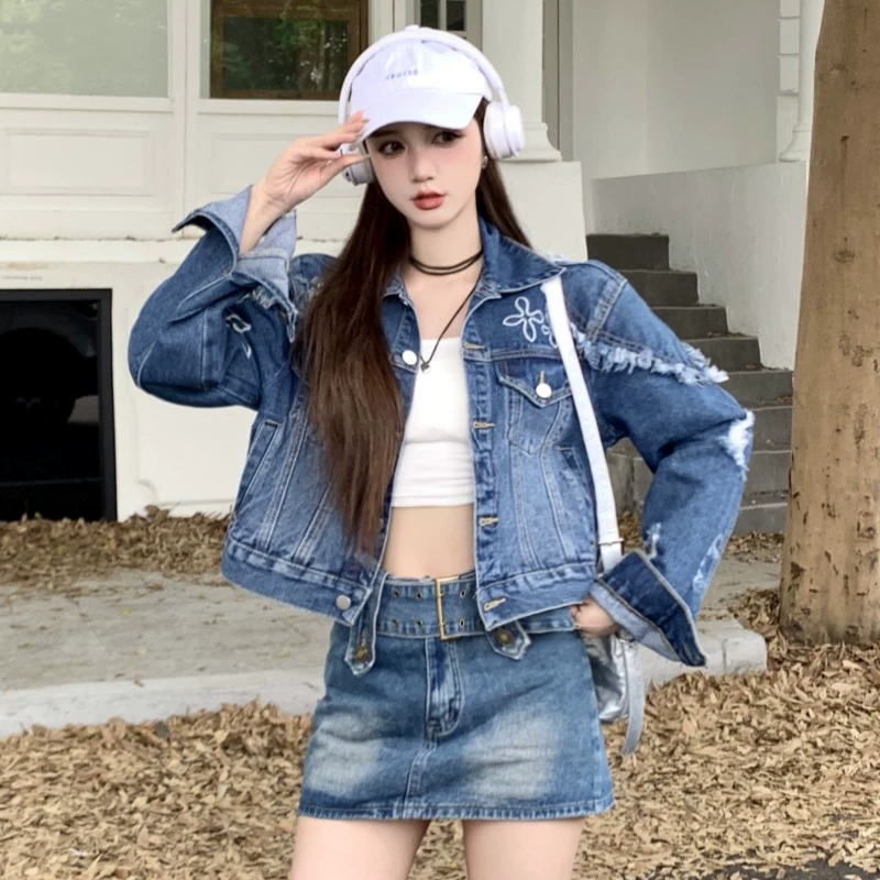 Retro denim spring jacket, atmospheric design long-sleeve, Korean style
