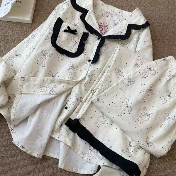 春と秋の女性のための新しい甘いインスタイルのリボンパジャマ、長袖ズボン、学生のゆったりとしたホームウェアセット|undefined