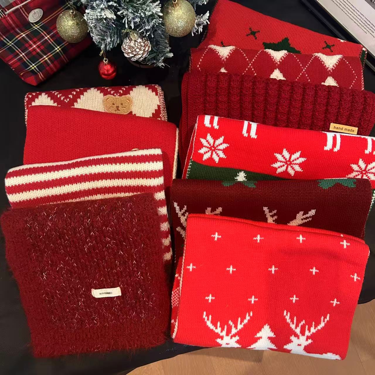 Ankesela Red Scarf Winter High-End Christmas Style Snowflake Elk New Year Red Scarf Versatile K-Style Ins Style