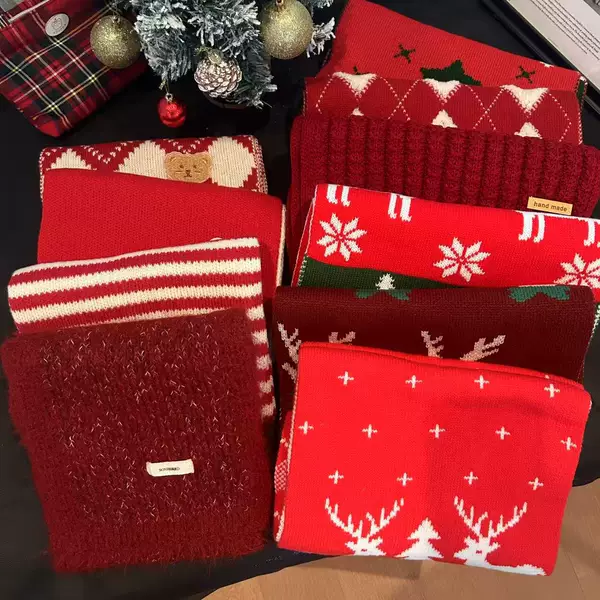 Ankesela Red Scarf Winter High-End Christmas Style Snowflake Elk New Year Red Scarf Versatile K-Style Ins Style