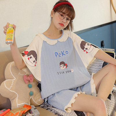 廠家直供女夏短袖短褲休閑寬松棉質大碼睡衣兩件套家居服可外穿