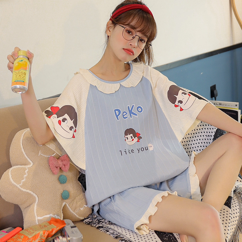 廠家直供女夏短袖短褲休閑寬松棉質大碼睡衣兩件套家居服可外穿