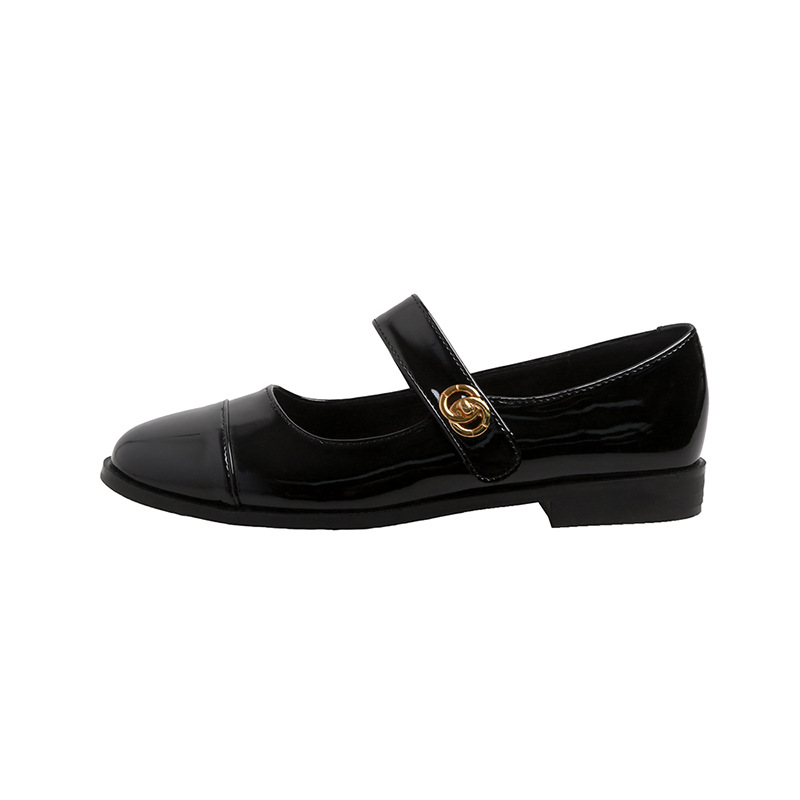 2025 Spring New Classic Black Versatile Round Toe Strap Chunky Heel Flat Mary Jane Shoes Women's Leather Shoes