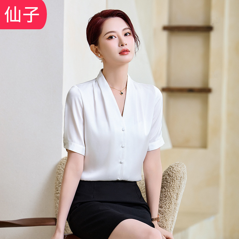 2025 Summer New White V-neck Short-sleeved Shirt Women's Professional Wear Base Top OL Elegant Shirt Work Clothes