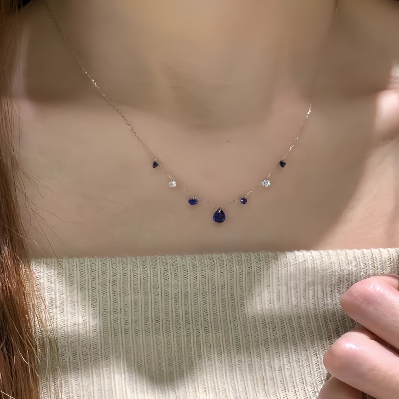 Ocean Blue Bubble ~ Cool and Sparkling Layered Plain Chain Blue Bubble Flash Diamond Necklace High-End Necklace Jewelry for Women