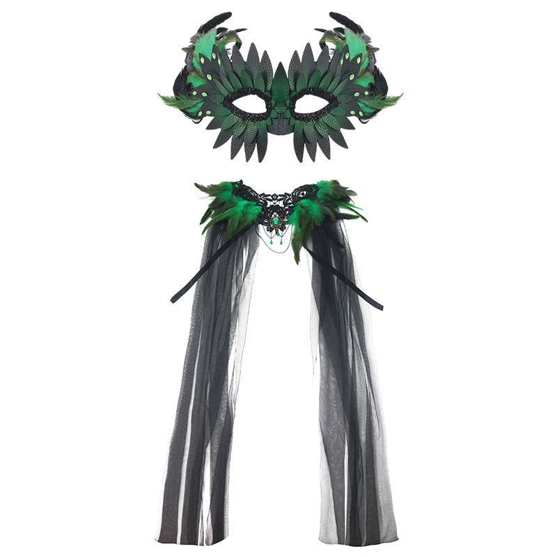 Halloween nuevo estilo gótico pluma encaje decoración chal de cuero pluma máscara de diamante COS accesorios de vestir