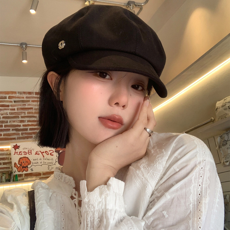 日系复古黑色云朵贝雷帽女春秋新款百搭大头围显脸小八角画家帽子|undefined
