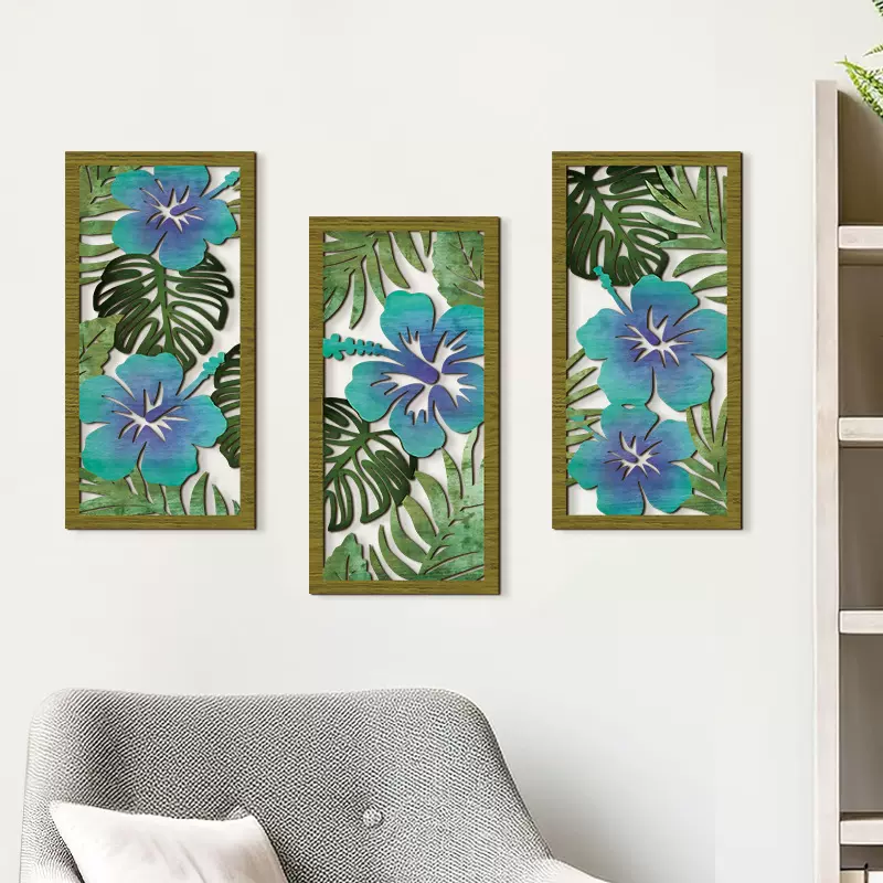 现代简约风植物镂空木质挂牌壁饰壁挂跨境3联客厅墙面装饰壁饰