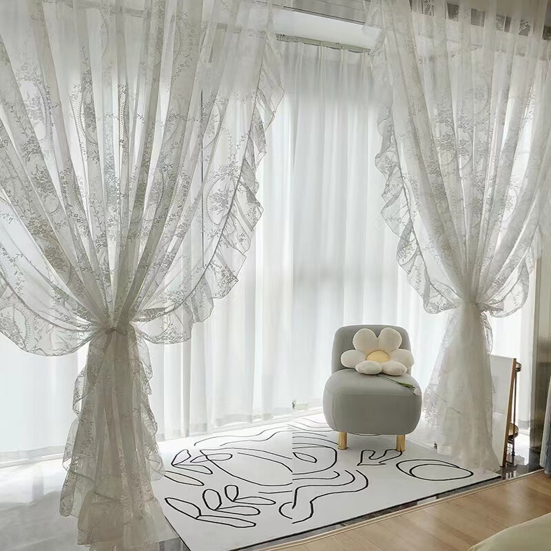 French-Style Light Luxury Lace Sheer Curtains with Floral Lace Trim for Bedroom, Pastoral Sheer Curtains, Australian Wool Velvet Curtains for Bay Windows