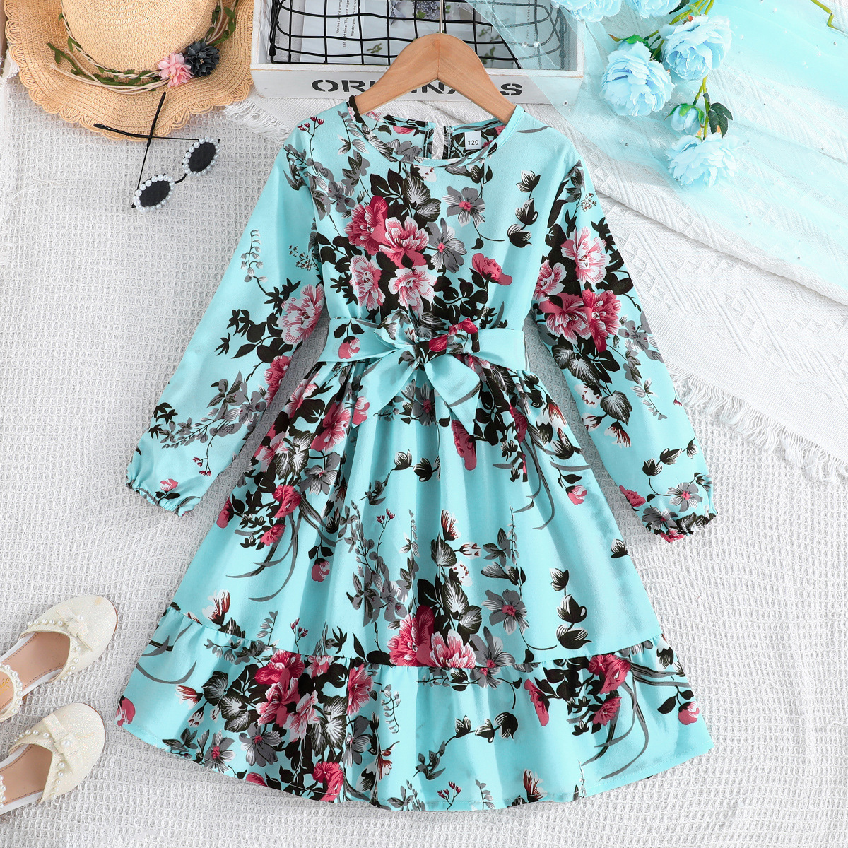 2024 Sommer neues zweiteiliges Set mit Blumendruck für Mädchen und Kinder mit langen Ärmeln und Gürtel_voghion.com