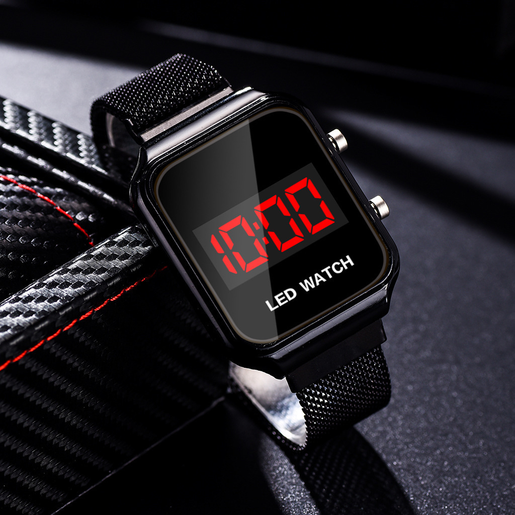 Hot selling push-button electronic watch student sports personality magnet buckle mesh belt led watch_voghion.com