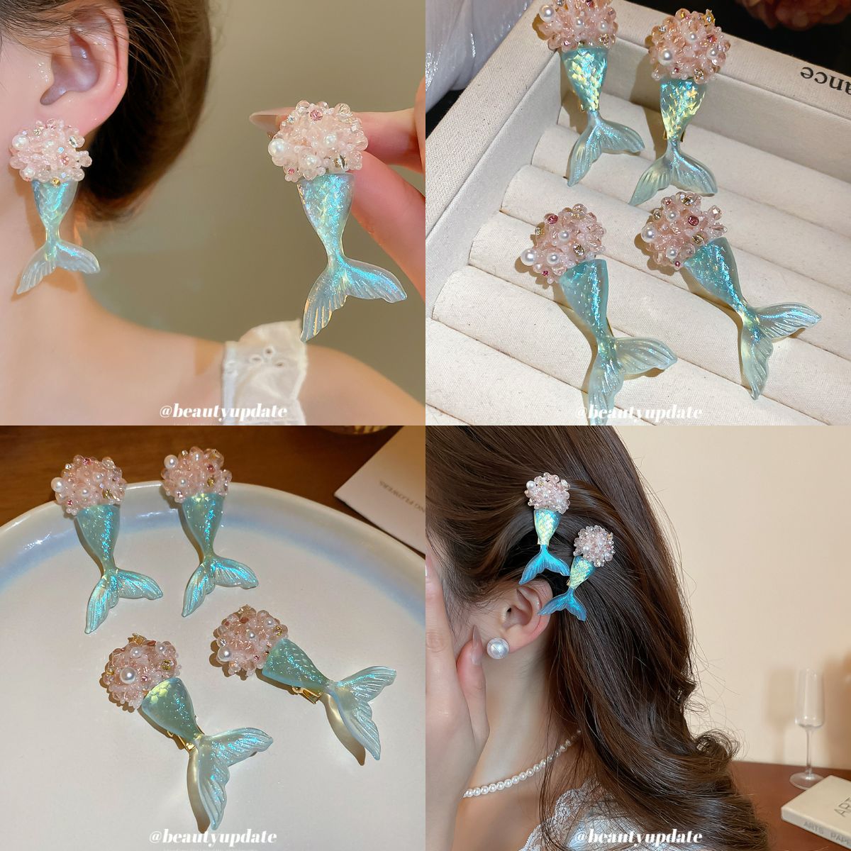 Pendientes de cola de pez racimo de flor de perla de resina de aguja de plata conjunto de horquillas pequeñas y exquisitas de moda joyería de lujo ligero de alta gama