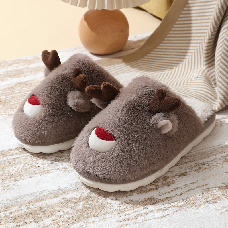 Zapatillas de algodón para mujer, alce navideño, pantuflas peludas de otoño e invierno, para interior del hogar, antideslizantes, cálidas zapatillas de algodón para niños