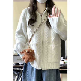 高级慵懒白色拉链麻花韩系针织毛衣2024新款秋冬宽松开衫外套