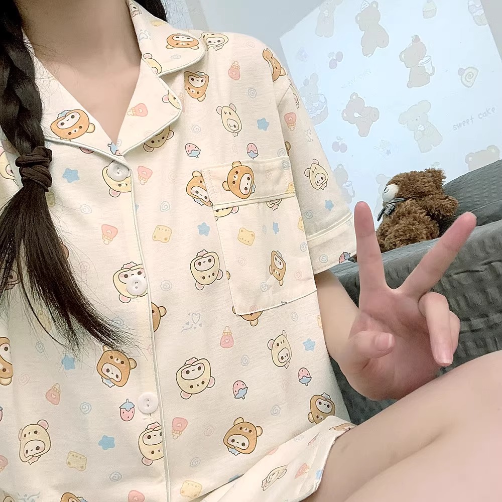 Ins Japanese Style Relaxed Bear Pajamas for Women Summer Knitted Cotton Short-Sleeved Cute Cartoon Student Home Wear Set