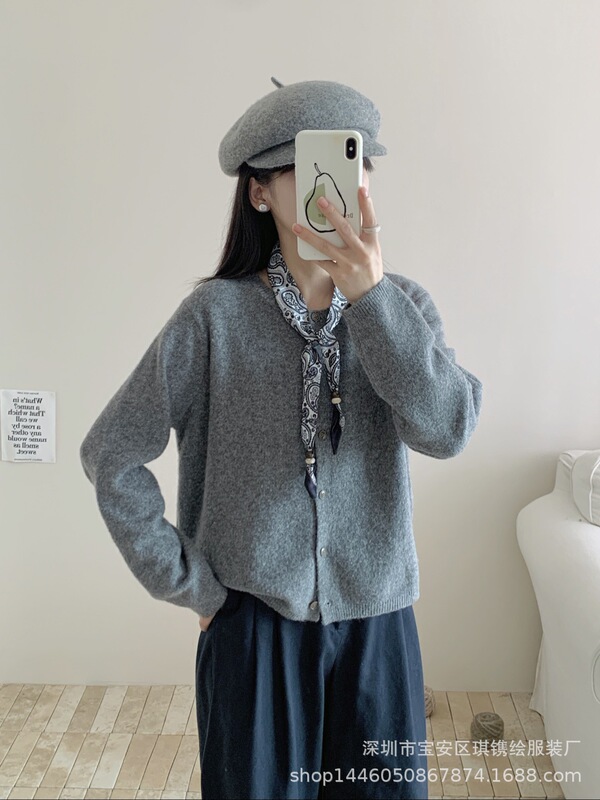琪镌绘制韩版毛衣蕾丝系带开衫圆领爱心扣外搭软糯针织衫女68012|undefined